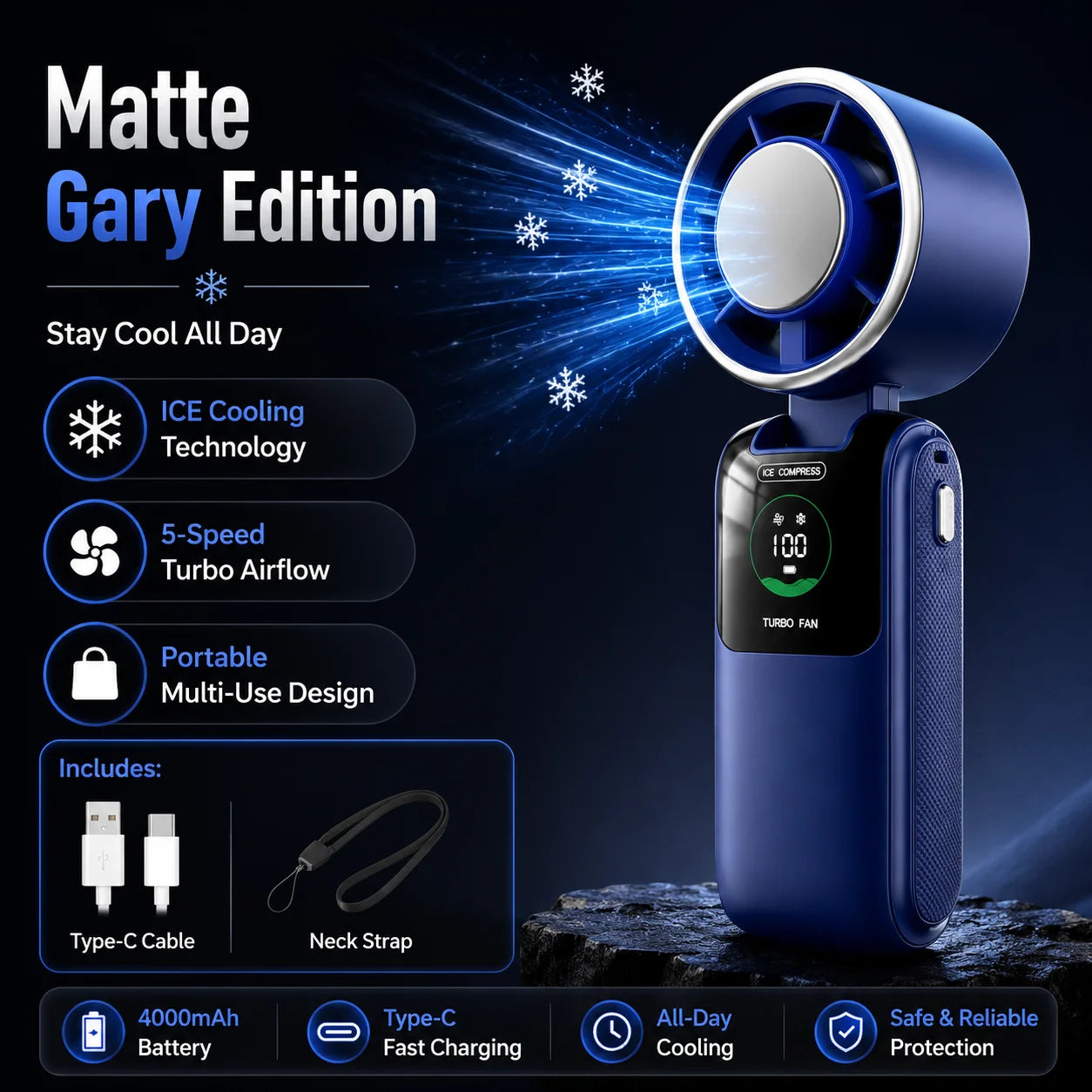 Portable Cooling Fan, 5-Speed Strong Wind Foldable Neck Hanging Fan, 9H Long Battery 4000mAh Mini Air Cooler for Travel & Outdoo