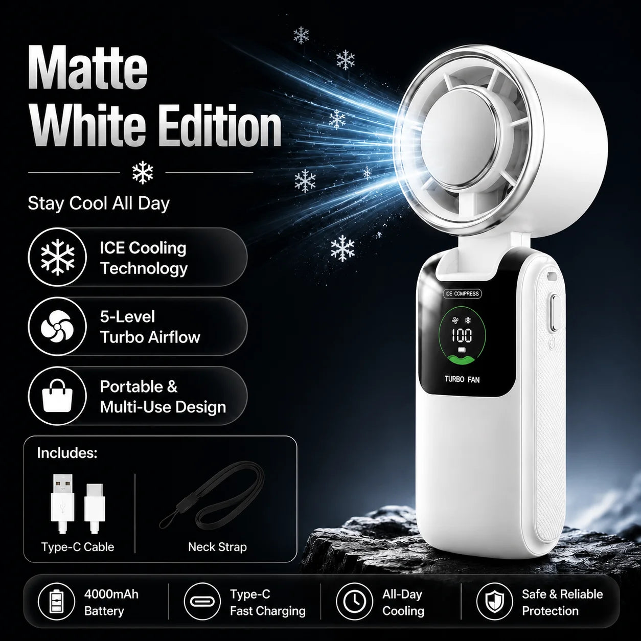 Portable Cooling Fan, 5-Speed Strong Wind Foldable Neck Hanging Fan, 9H Long Battery 4000mAh Mini Air Cooler for Travel & Outdoo