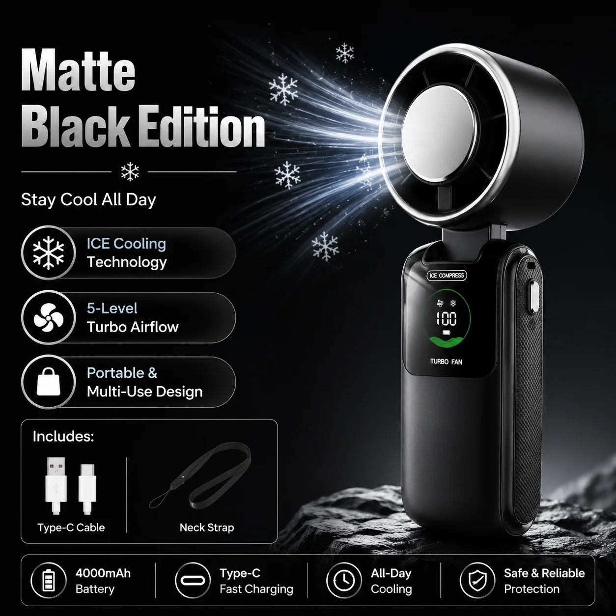 Portable Cooling Fan, 5-Speed Strong Wind Foldable Neck Hanging Fan, 9H Long Battery 4000mAh Mini Air Cooler for Travel & Outdoo