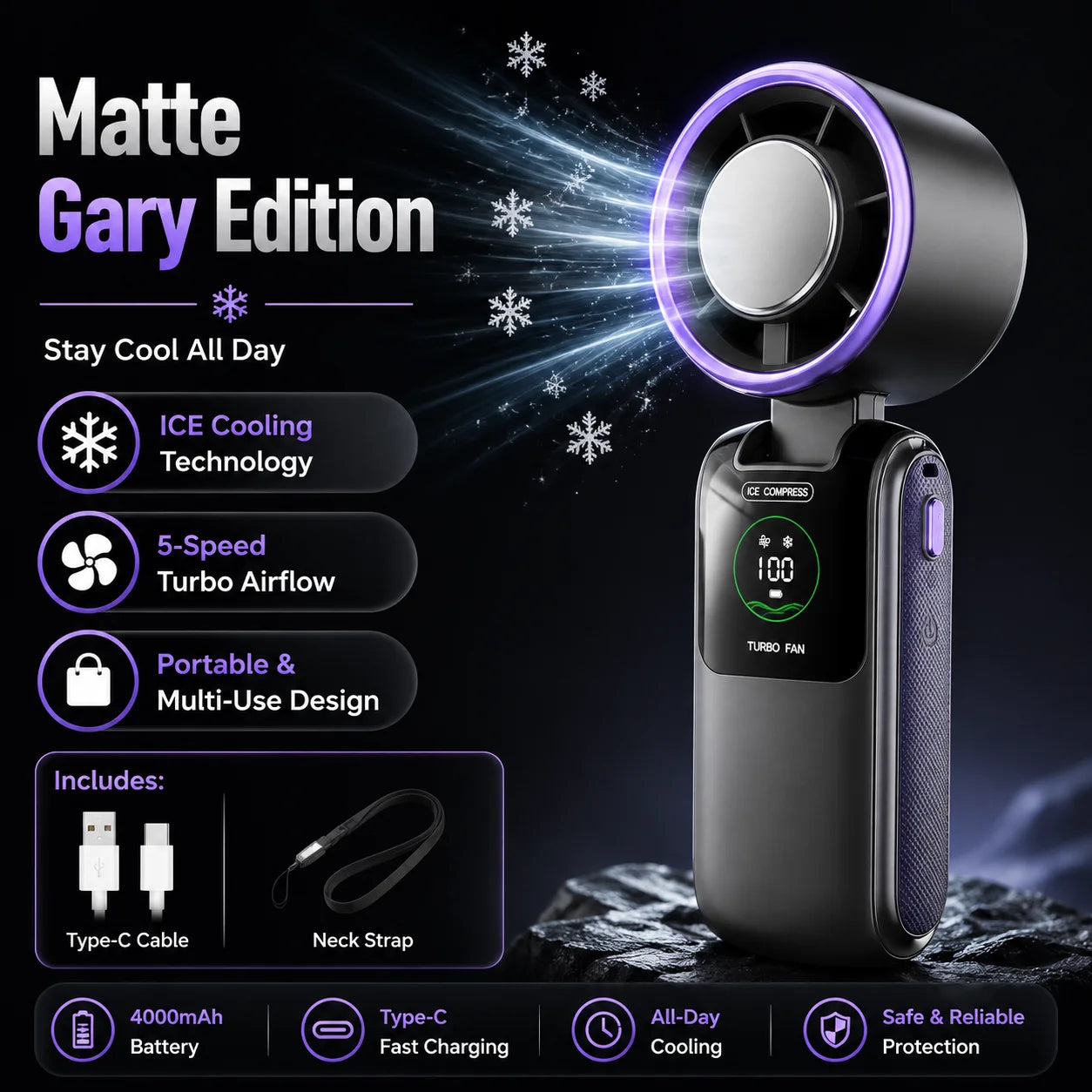 Portable Cooling Fan, 5-Speed Strong Wind Foldable Neck Hanging Fan, 9H Long Battery 4000mAh Mini Air Cooler for Travel & Outdoo